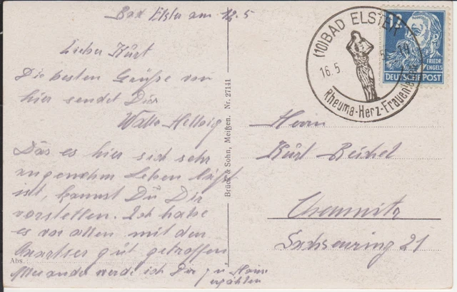 Sehr klarer Handwerbestempel Bad Elster Rheuma – Herz – Frauenleiden auf AK 1950