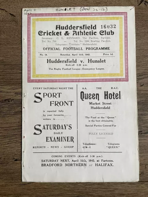 Wartime Rugby League Programme Huddersfield v Hunslet 11th April 1942 War Rare