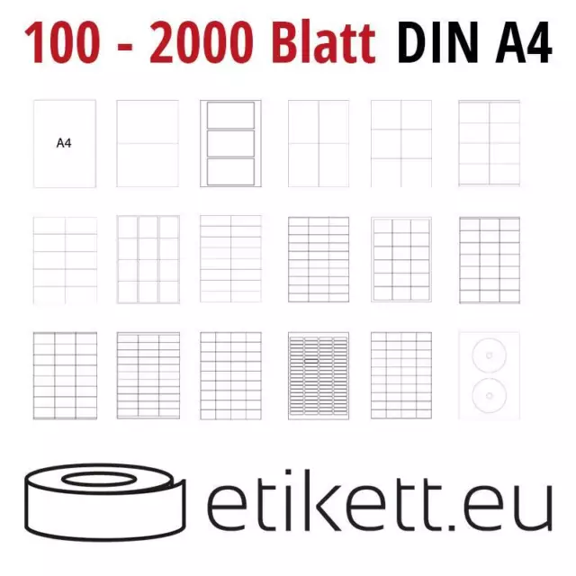 Klebeetiketten DIN A4 weiß in verschieden Größen (Laser,Inkjet,Kopierer)