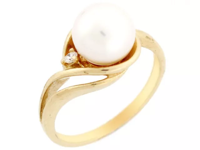 10k or 14k Solid Yellow Gold Freshwater Cultured Pearl & CZ Swirl Elegant Ring