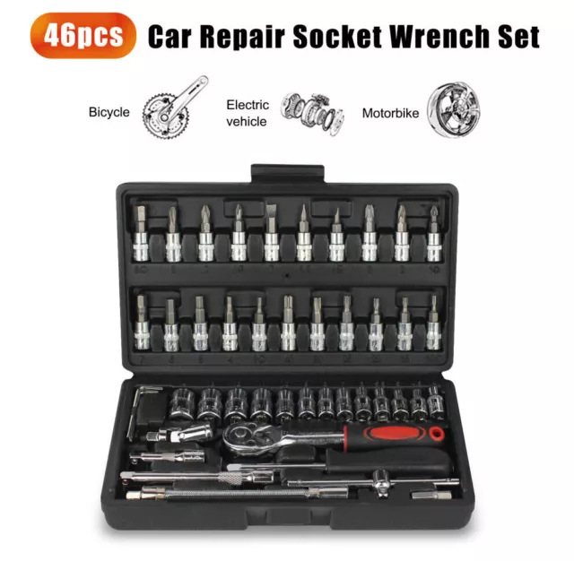 46PCS Ratchet Wrench Socket Set Spanner Tool Kit Metric / SAE 1/4" Drive w/Case