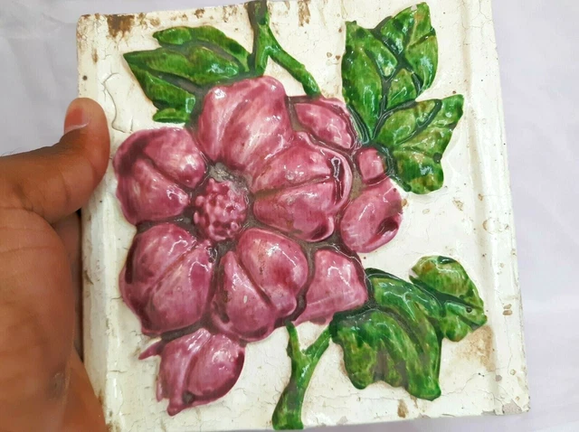 Vintage Japanese Tile Rare Antique Condition Ceramic Collectible Flower Art Tile 3