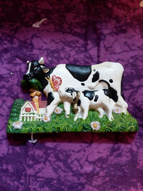 Vintage Dimensional Cow & Calf Hand Painted Farm Scene Cast Iron Wall Plaque