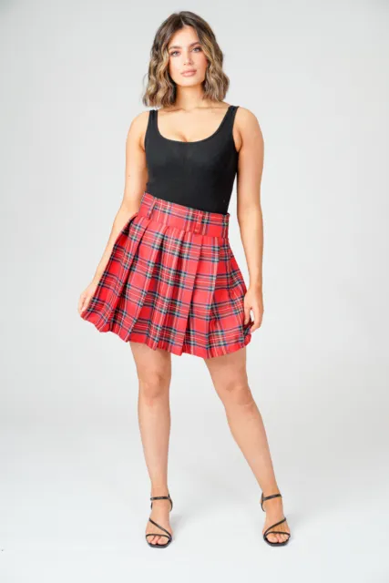 Women's Red Tartan Mini Skirt Ladies High Waist Pleated Plaid Short Plus Size