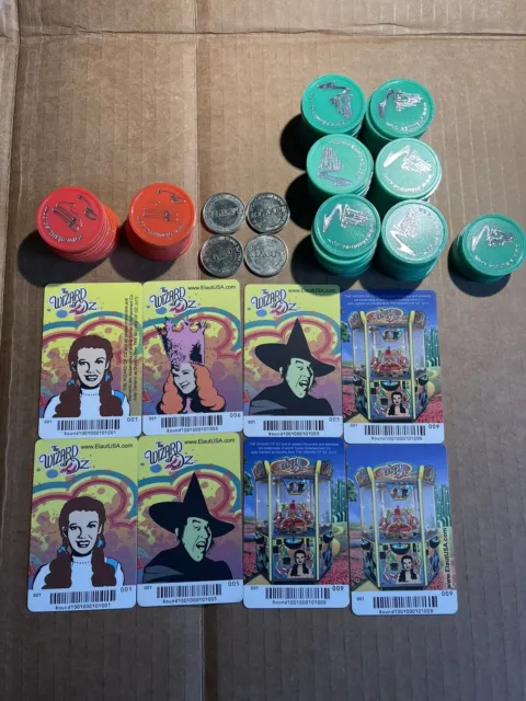 86 Wizard of Oz Green & Red Arcade Coin Pusher Chips 4 Tokens Elaut, 8 Cards