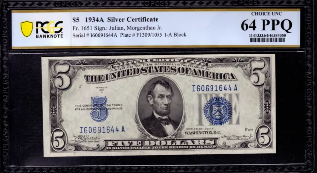 1934 A $5 Silver Certificate Note Currency Fr.1651 Ia Block Pcgs B Cu 64 Ppq