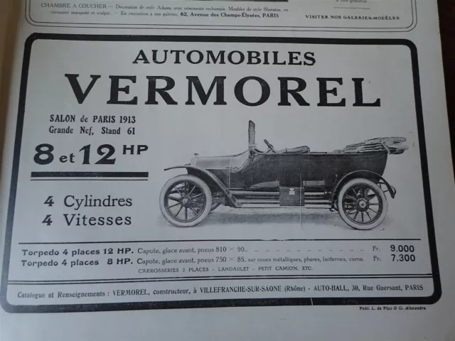 VERMOREL 8 et 12 HP torpédo automobile publicité papier ILLUSTRATION 1913 col