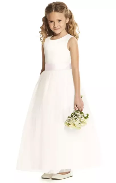 Dessy collection flower girl dress in ivory with blush sash 2t. NWT. $200