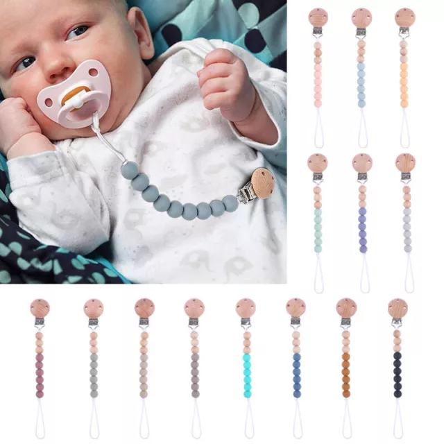 Baby Silicone Dummy Clip with wooden beads Soother Pacifier Chain Strap Holder