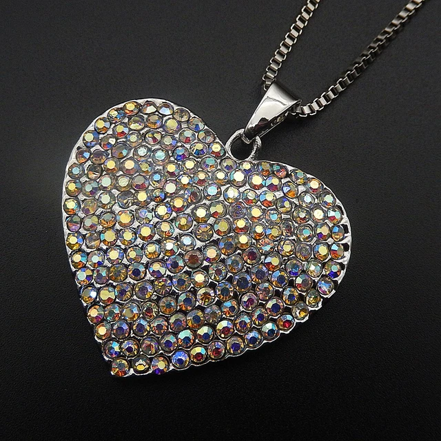 Betsey Johnson AB Crystal Rhinestone Heart Pendant Sweater Necklace