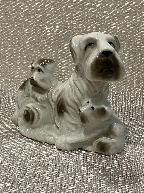Sealyham Terrier / Schnauzer with Puppies Ceramic Dog Figurine Vintage Japan