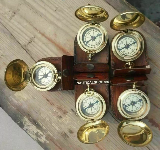 Lot Of 5 Antique Brass Compass With Case  Maritime Push Button Vintage Compass