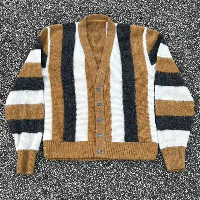 true vintage 60s 70s striped yellow white and grey mohair cardigan