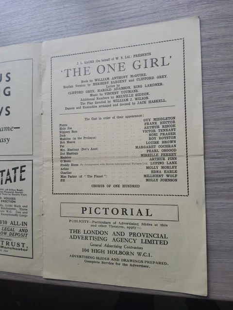 THEATRE PROGRAMME 1933,MANCHESTER Palace,The One Girl,Arthur Riscoe