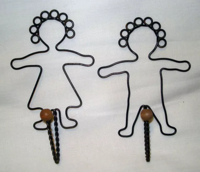 Boy & Girl Metal Wire Twisted Wood Ball Wall Towel Key Hooks Primitive Farmhouse