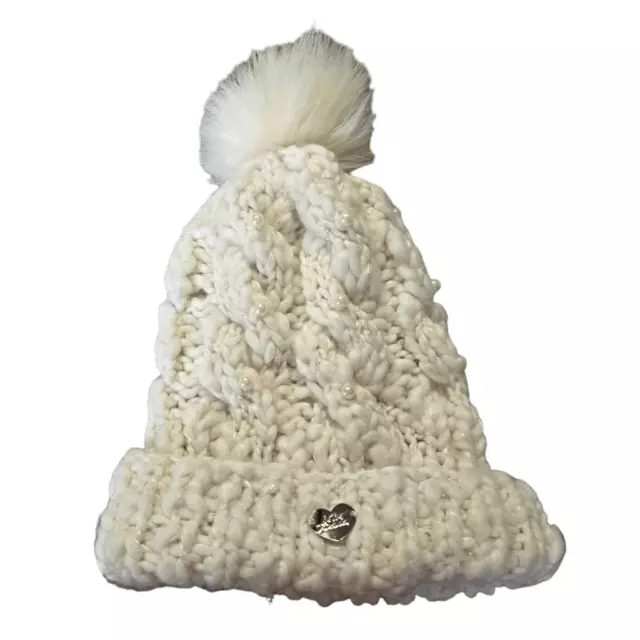 Betsey Johnson Pom Pom Winter Beanie Pearls Chunky Knit Hat