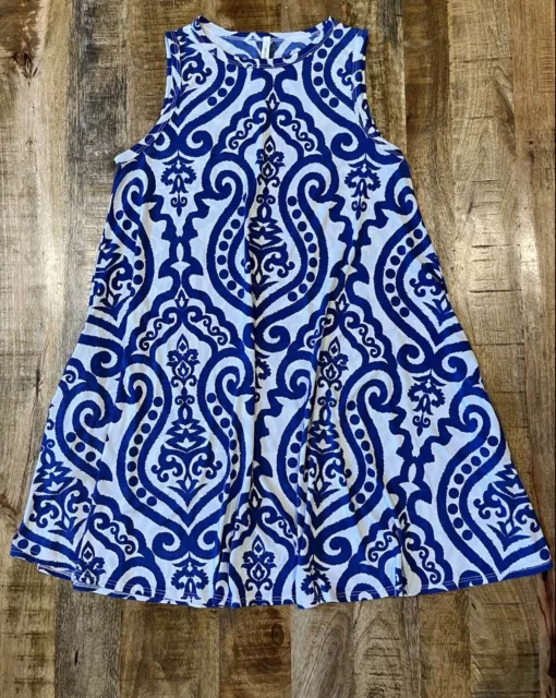 Bellamie Blue & White Sleeveless Pocket Aline Dress  Size Medium