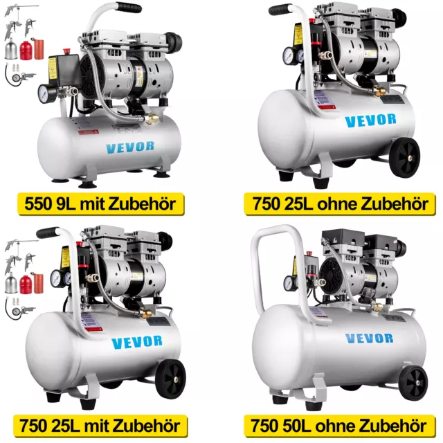 VEVOR Flüster Kompressor Luftkompressor Ölfrei Silent Druckluft 9-50L 550W 750W