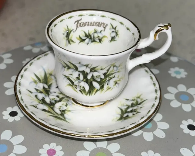 Royal Albert January Snowdrops Miniature Tea Cup & Saucer Gold Collectors Piece