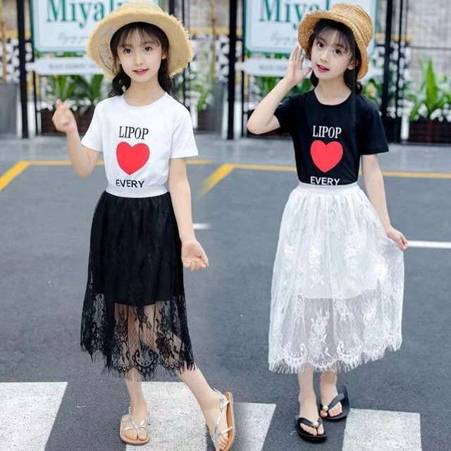 T-Shirt Pizzo Gonna 2piece Abito Stampato Love Lettera Top Abito Set