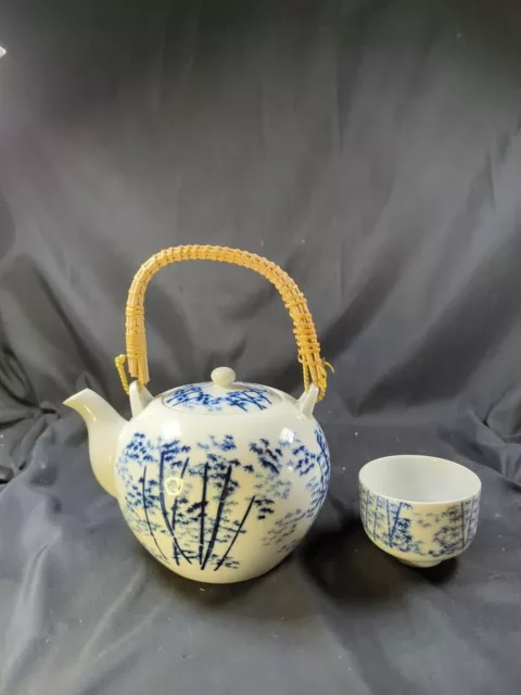 Vintage OMC Japan Otagiri Japanese Tea Pot White & Blue Bamboo & Cup Unique