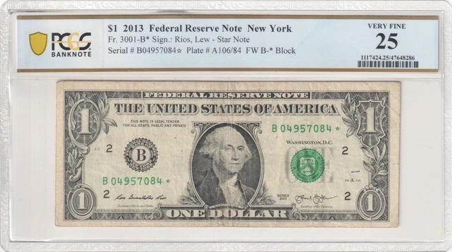 Fr 3001-B* 2013 $1 Duplicate Star Note B New York Very Fine 25 B04957084*