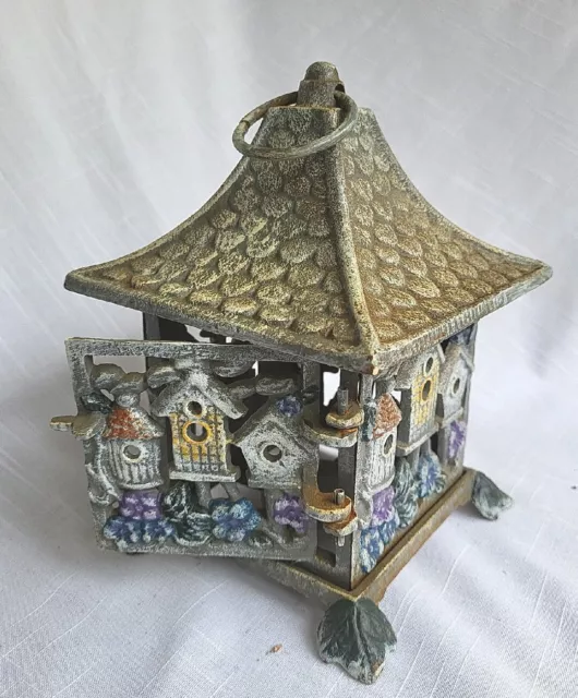 Patinated Cast Iron Asian Lantern/Tea Light Holder With Pagoda, Birdhouses Decor