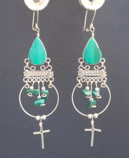 3 1/2" SILVER CROSS Malachite Boho Gypsy Peruvian Handmade Chandelier Earrings