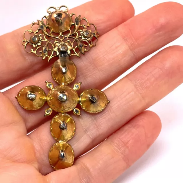 18K Gold Georgian Rose Diamond Cross Crucifix Pendant 1760s 18th Century Old Cut