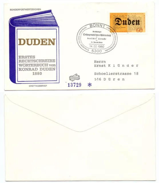 102517 - Mi.Nr. 1039 - FDC - Bonn 14.2.1980 - Rechtschreibwörterbuch von Duden