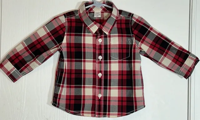 Baby Gap Baby Boy 12-18M Shirt Long Sleeve Button Down Red Plaid Collar Pocket