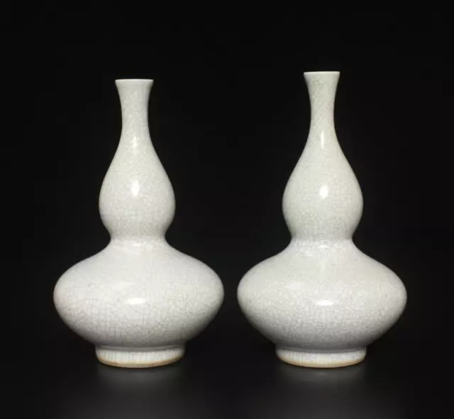 Pair Yongzheng Signed Old Chinese Ge Yao Ge Kiln Gourd Vase