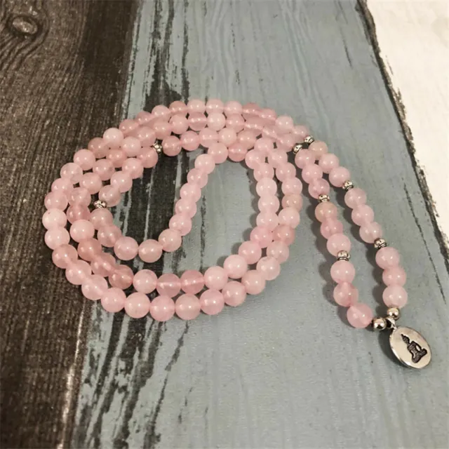 8MM 108 Pink Crystal Buddha beads Lotus Pendant Bracelet woman pray Meditation