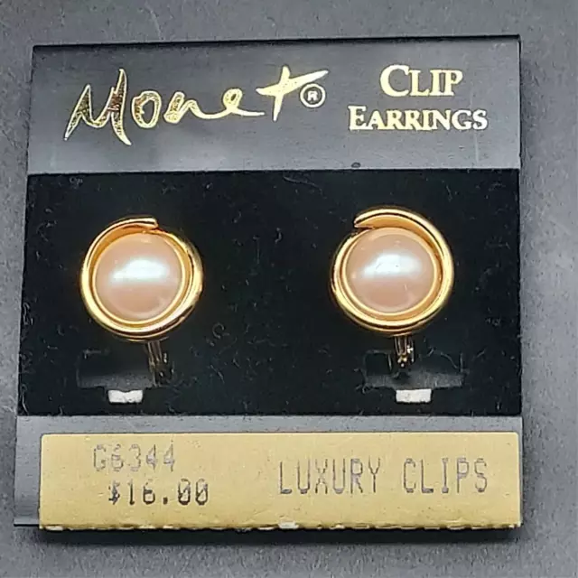 Monet Faux Pearl Clip On Earrings Gold Tone Vintage Costume Jewelry New On Card
