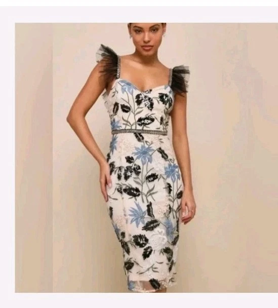 LULUS SHOW STOPPER Floral Embroidered Sequin Bodycon Midi Dress Ruffle  Strap NWT 69.25 - PicClick UK