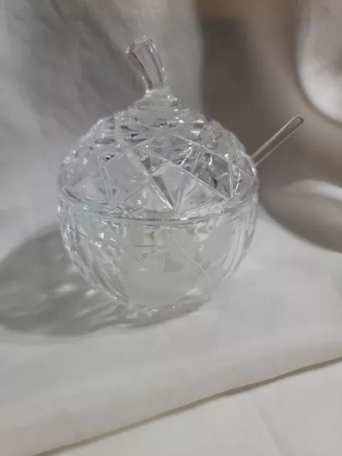 Vintage Lead Crystal Jam Jelly Jar W/Glass Spoon ETCHED Strawberry Fruit Spread