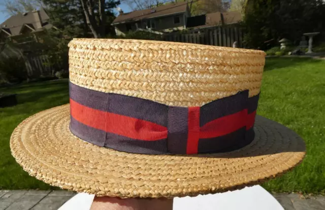 VINTAGE MEN'S STRAW BOATER SKIMMER GATSBY HAT Size 7 1/8" MADE IN ITALY