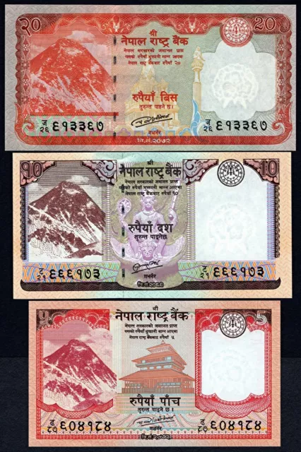 5, 10, 20 Nepal Rupee Set of 3 Rastra Bank notes NEW UNC Animals Mt. EVEREST