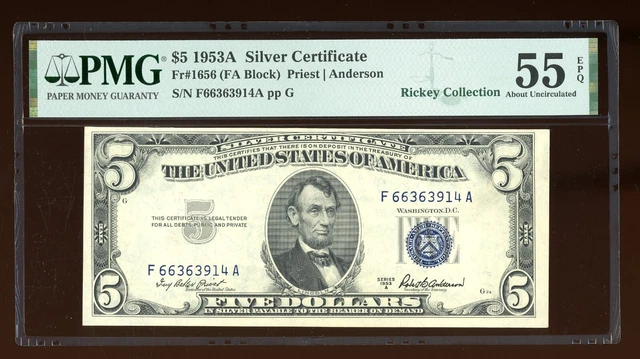 DBR 1953-A $5 Silver Fr. 1656 FA Block PMG 55 EPQ Serial F66363914A