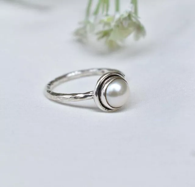 Round Pearl Gemstone Handmade Solid 925 Sterling Silver Stylish Ring - ASP78