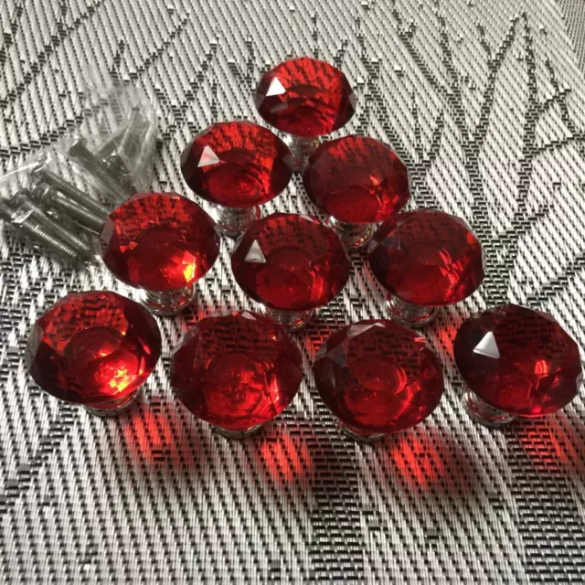 10pc Crystal Red Cabinet Knob Drawer Pull Handle Kitchen Door Wardrobe Hardware