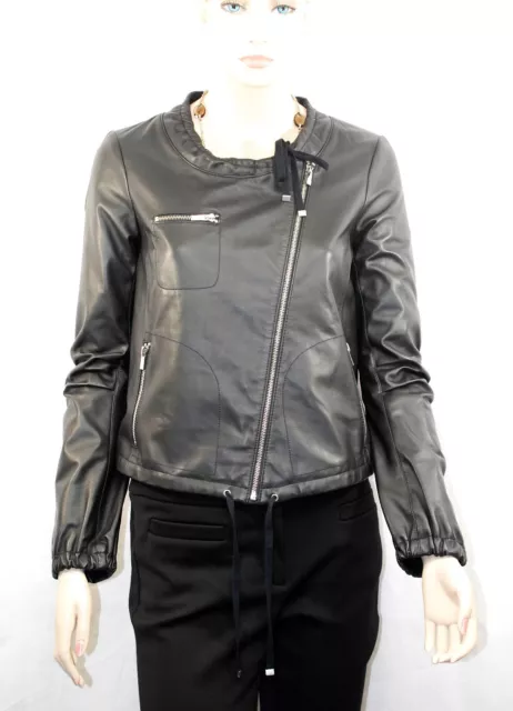 Diane Von Furstenberg sz 2 Bust 36" Collarless Leather Jacket Coat Womens Ladies