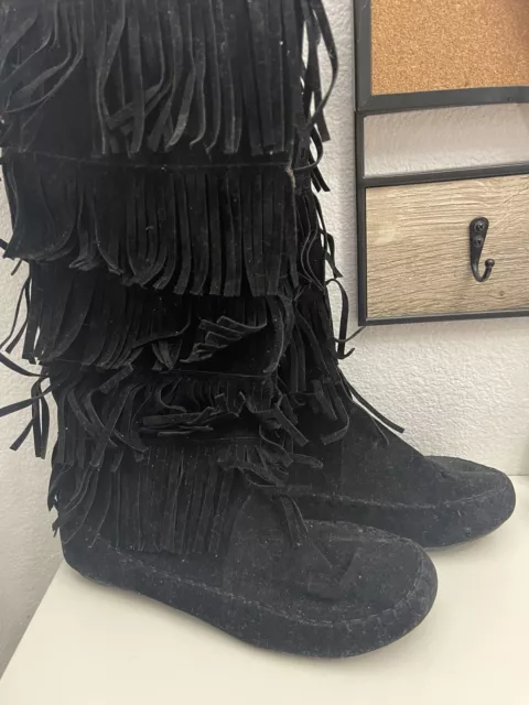 Forever Link Women's Candice Five Tier Faux Suede Fringe Boots Black 8.5