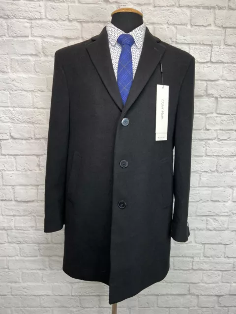 $395 Calvin Klein Prosper X Slim Fit Black Wool Blend Over Coat Jacket Size 40R