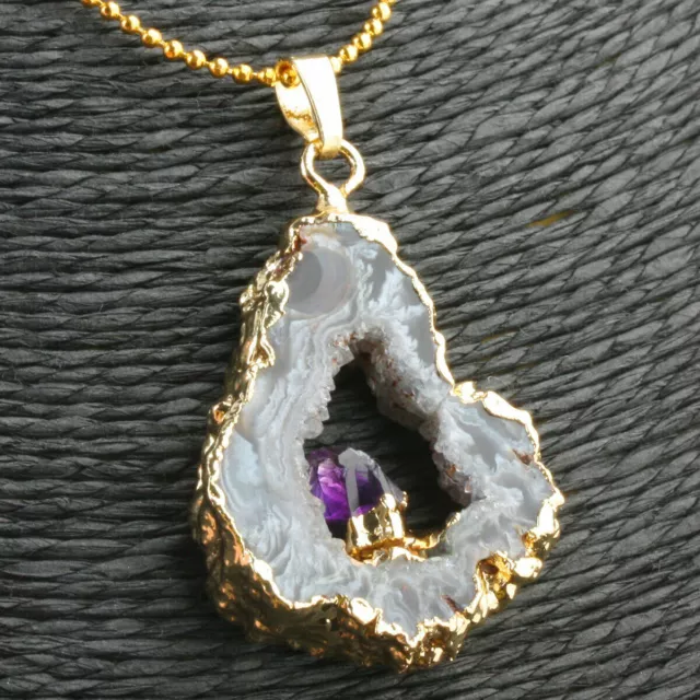 Amethyst Stone Crystal Healing Pendant Natural Quartz Druzy Geode for Necklace