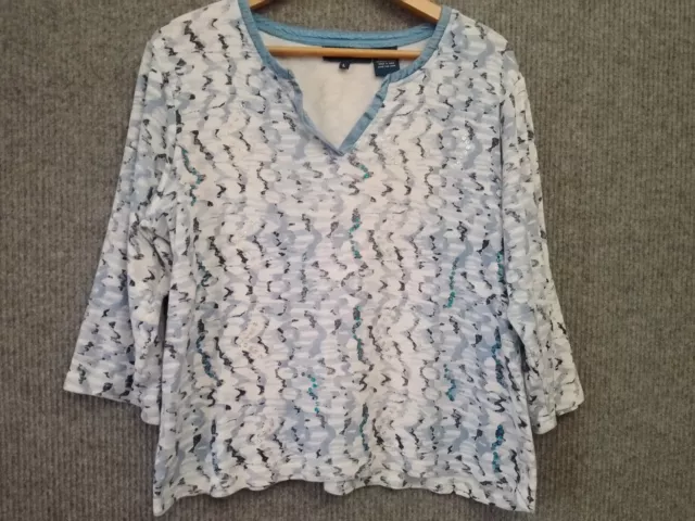 Autocapes Womens Top Size L 20/22 Blue / White Patterned Sequin V Neck Pullover