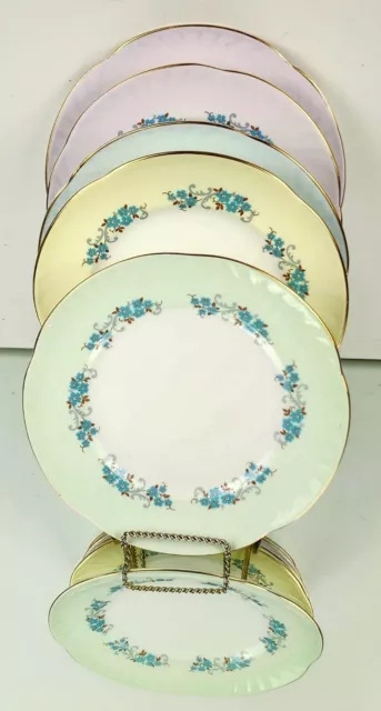 CROWN STAFFORDSHIRE, Fine Bone China, Lot/5 Salad Plates, Scalloped, Blue Roses