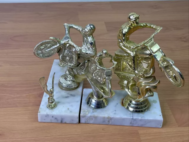 Vintage Motorcycle Racing Trophy Dirt Bike Marble Base Lot Of 2