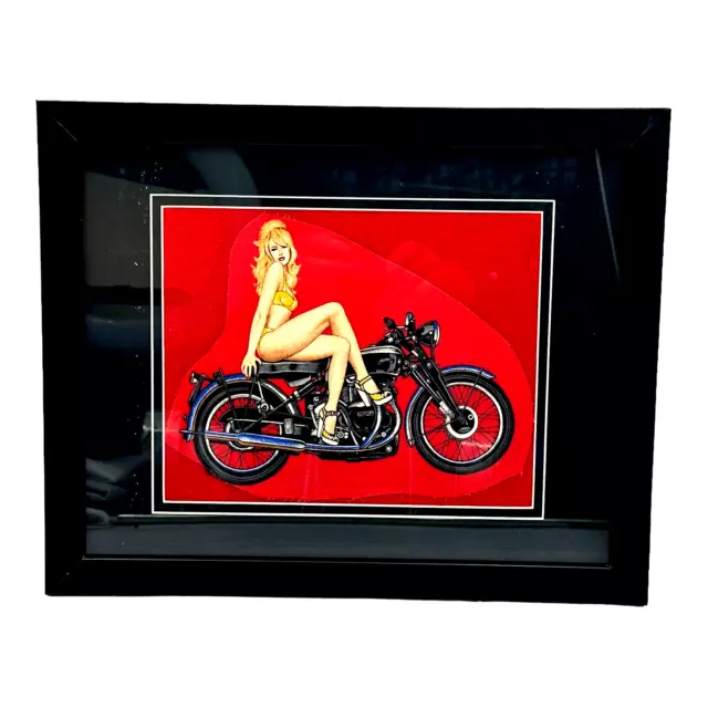 VINTAGE VINCENT MOTORCYCLE FRAMED PHOTO PICTURE 15.5”x 11.5" VARGA GIRL ON CLOTH