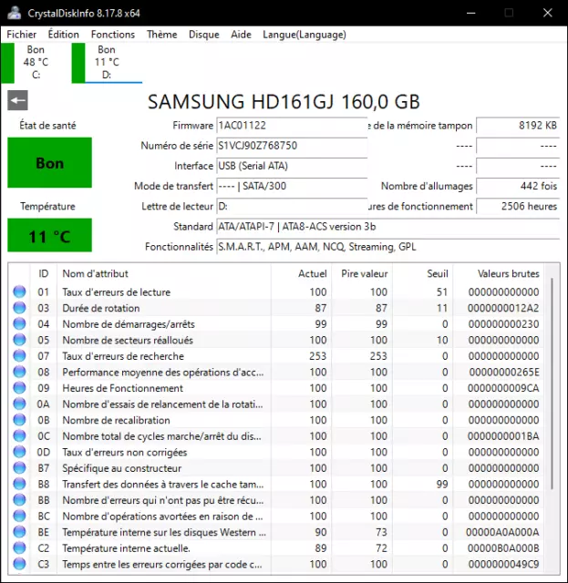 Disque Dur Samsung Spinpoint T166 HD251KJ 250GB 7.2K 8MB SATA II 3.5